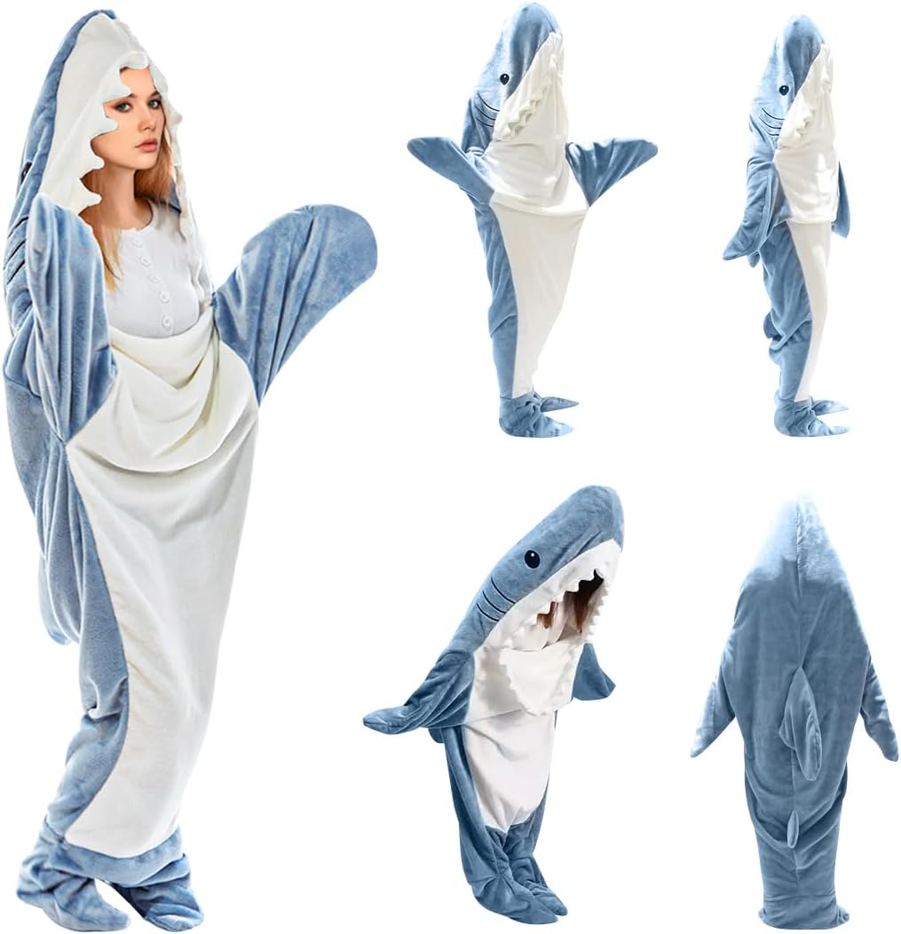 PATRICHOR Manta Tiburon, Pijama de Tiburón Manta Cuerpo Entero, Shark Blanket con Mangas y Capucha, Pijama Tiburón para Dormir, Tiburones Usable Franela Suave Batamanta para Niños Niñas