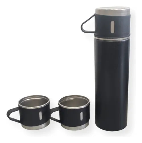 Set de termos de acero inoxidable con tazas frías y calientes de color negro