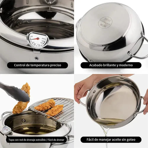 Olla Freidora Japonesa De Acero Inoxidable Con Termómetro Color Plateado 2.2 L