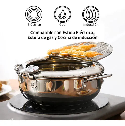 Olla Freidora Japonesa De Acero Inoxidable Con Termómetro Color Plateado 2.2 L