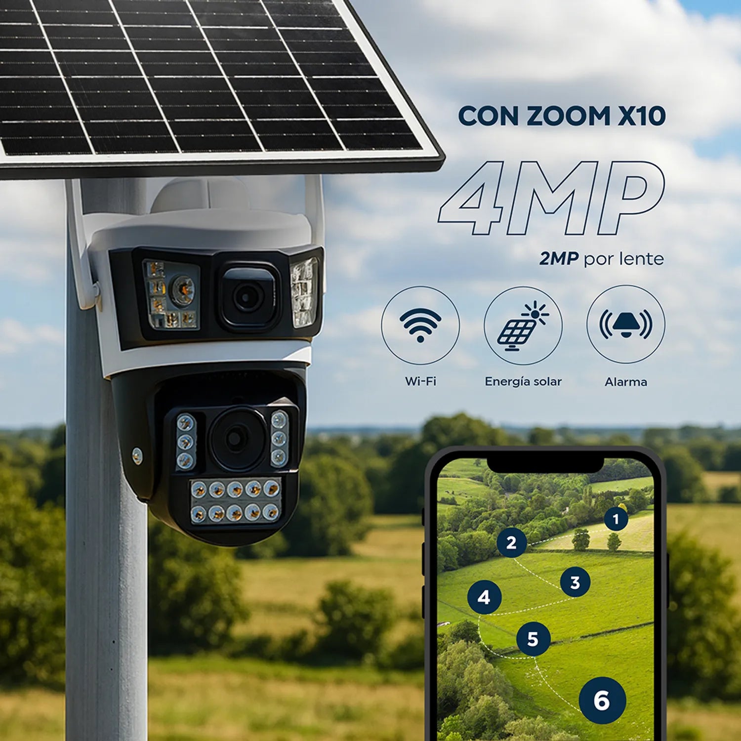 Cámara de seguridad doble lente Exterior Panel Solar con Chip SIM 4G FHD Alarma